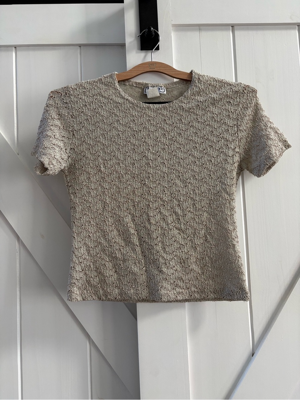 Vintage Jupone Beige Textured Knit Short Sleeve Sweater Top - Made in USA